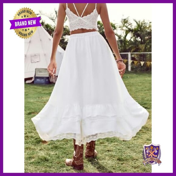 Western Boho Lace Ruffle Asymmetrical Maxi Skirt Flowy Festival - Picture 3 of 8